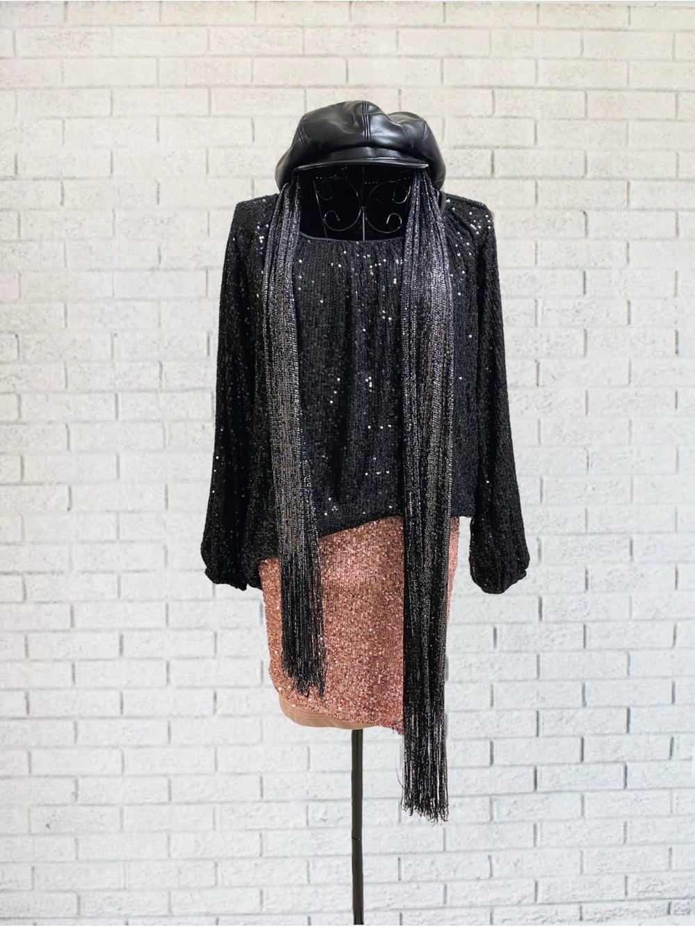 Black Sequin Long Sleeve Boat Neck Top Shirt Medium JM Collection Disco Party